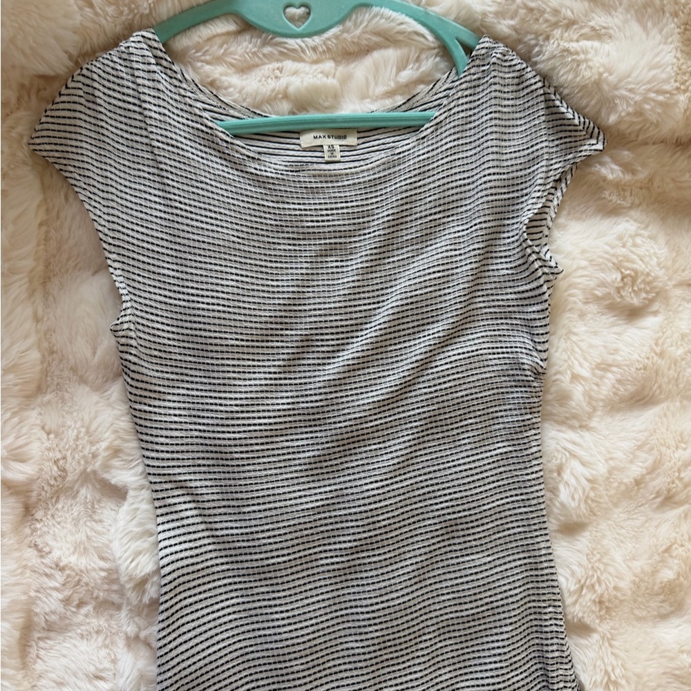 Max Studio Black and White Striped Short Sleeve Top